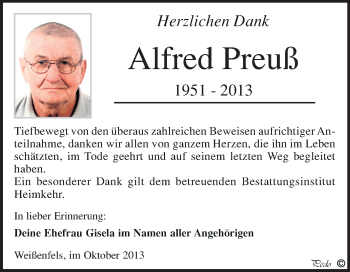 Traueranzeige von Alfred Preuß von WVG - Wochenspiegel NMB / WSF / ZTZ