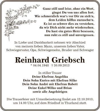 Traueranzeige von Reinhard Griebsch von WVG - Wochenspiegel Bitterfeld
