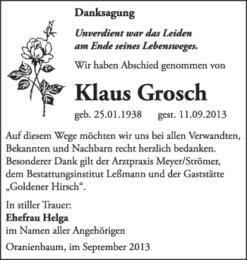 Traueranzeige von Klaus Gorsch von WVG - Wochenspiegel Wittenberg