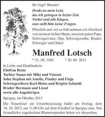 Traueranzeige von Manfred Lotsch von Super Sonntag Merseburg