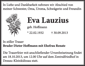 Traueranzeige von Eva Lauzius von Super Sonntag Dessau / Köthen