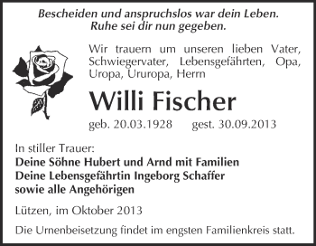 Traueranzeige von Willi Fischer von WVG - Wochenspiegel Merseburg