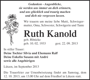 Traueranzeige von Ruth Kanold von WVG - Wochenspiegel Merseburg