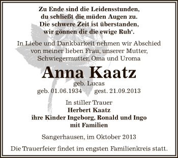 Traueranzeige von Anna Kaatz von Super Sonntag SGH Mansf. Land