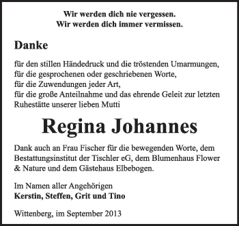 Traueranzeige von Regina Johannes von Super Sonntag Wittenberg