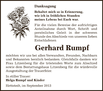 Traueranzeige von Gerhard Rumpf von Super Sonntag SGH Mansf. Land
