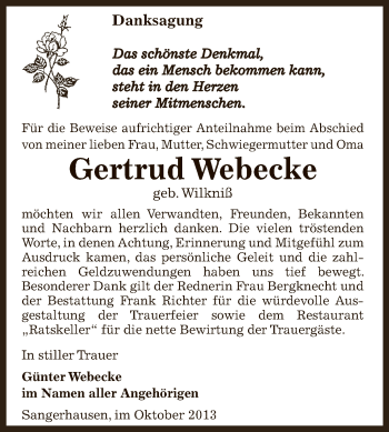 Traueranzeige von Gertrud Webecke von Super Sonntag SGH Mansf. Land