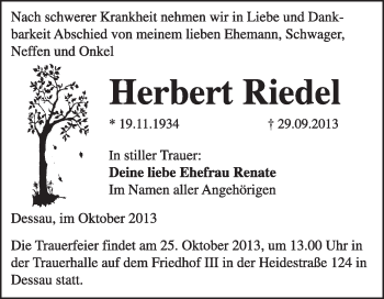 Traueranzeige von Herbert Riedel von Super Sonntag Dessau / Köthen