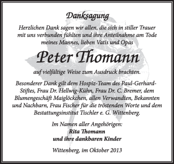 Traueranzeige von Peter Thomann von Super Sonntag Wittenberg