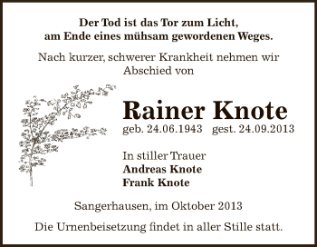 Traueranzeige von Rainer Knote von Super Sonntag SGH Mansf. Land