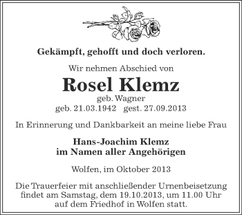 Traueranzeige von Rosel Klemz von WVG - Wochenspiegel Bitterfeld