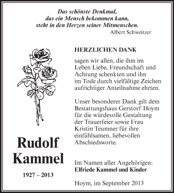 Traueranzeige von Rudolf Kammel von WVG - Wochenspiegel Aschersleben