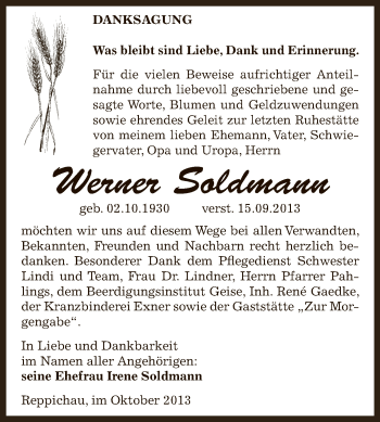 Traueranzeige von Werner Soldmann von WVG - Wochenspiegel Dessau / Köthen