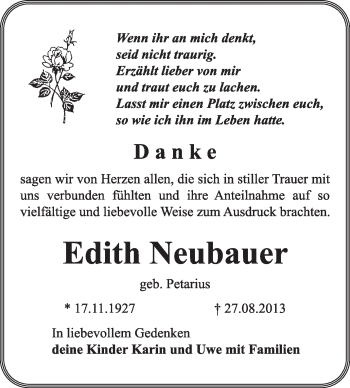 Traueranzeige von Edith Neubauer von Super Sonntag Wittenberg
