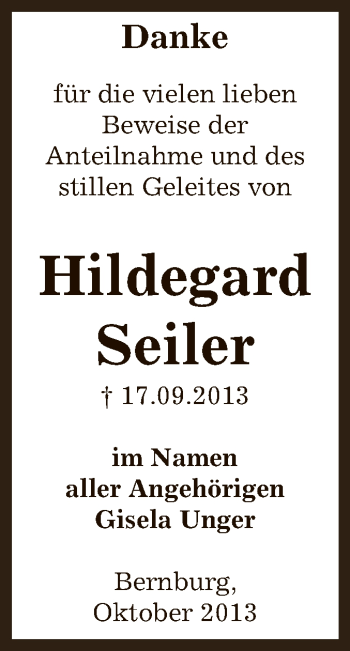 Traueranzeige von Hildegard Seiler von Super Sonntag Bernburg