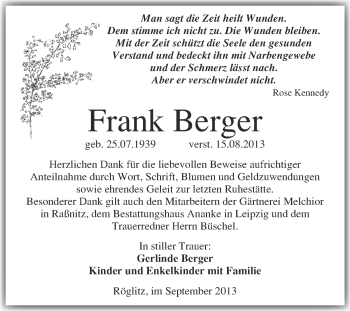 Traueranzeige von Frank Berger von Super Sonntag Merseburg