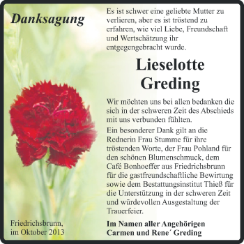 Traueranzeige von Lieselotte Greding von Super Sonntag Quedlinburg