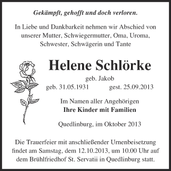 Traueranzeige von Helene Schlörke von WVG - Wochenspiegel Quedlinburg