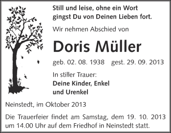 Traueranzeige von Doris Müller von Super Sonntag Quedlinburg
