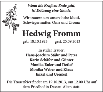 Traueranzeige von HEdwig Fromm von Super Sonntag Dessau / Köthen