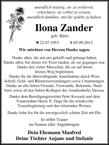 Traueranzeige von Ilona Zander von Super Sonntag Dessau / Köthen