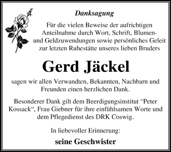 Traueranzeige von Gerd Jäckel von Super Sonntag Dessau / Köthen