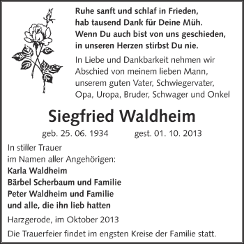 Traueranzeige von Siegfried Waldheim von Super Sonntag Quedlinburg