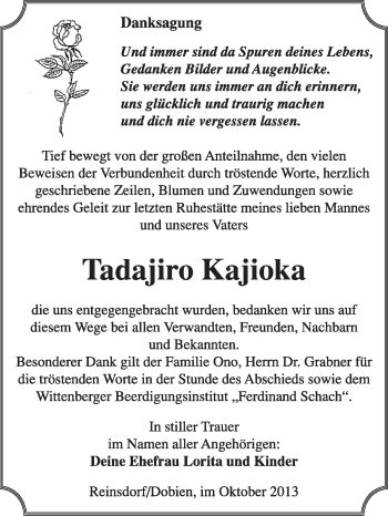 Traueranzeige von Tadajiro Kajioka von WVG - Wochenspiegel Wittenberg