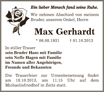 Traueranzeige von Max Gerhardt von Super Sonntag Zeitz