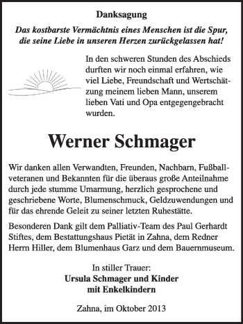 Traueranzeige von Werner Schmager von Super Sonntag Wittenberg