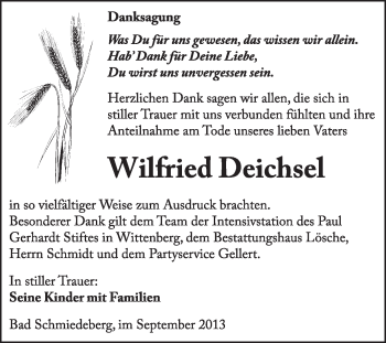 Traueranzeige von Wilfried Deichsel von WVG - Wochenspiegel Wittenberg