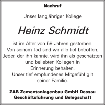Traueranzeige von Heinz Schmidt von Super Sonntag Dessau / Köthen