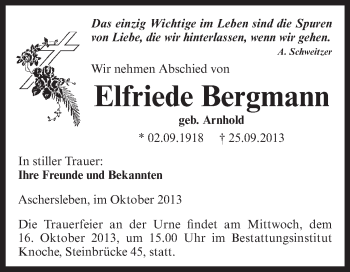 Traueranzeige von Elfriede Bergmann von Super Sonntag Aschersleben