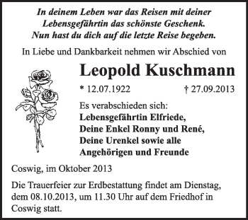 Traueranzeige von Leopold Kuschmann von Super Sonntag Dessau / Köthen