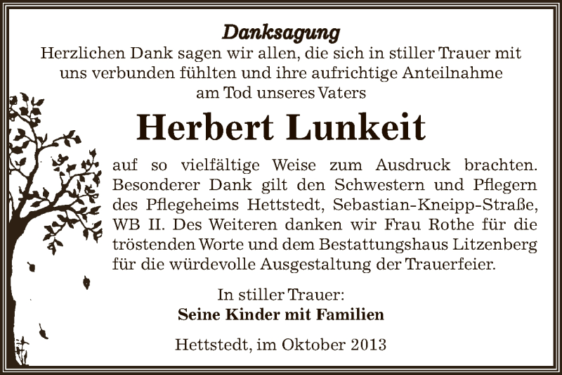  Traueranzeige für Herbert Lunkeit vom 06.10.2013 aus Super Sonntag SGH Mansf. Land