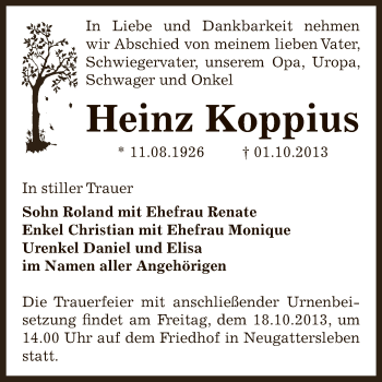 Traueranzeige von Heinz Koppius von Super Sonntag Bernburg