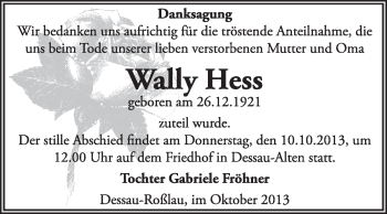 Traueranzeige von Wally Hess von Super Sonntag Dessau / Köthen
