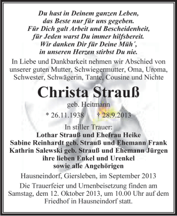 Traueranzeige von Christa Strauß von Super Sonntag Aschersleben