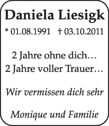 Traueranzeige von Daniela Liesigk von Super Sonntag Wittenberg