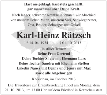 Traueranzeige von Karl-Heinz Rätzsch von Super Sonntag Merseburg