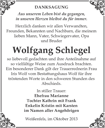 Traueranzeige von Wolfgang Schlegel von WVG - Wochenspiegel NMB / WSF / ZTZ