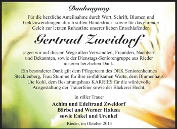 Traueranzeige von Gertrud Zweidorf von WVG - Wochenspiegel Quedlinburg