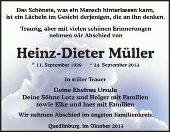 Traueranzeige von Heinz-Dieter Müller von WVG - Wochenspiegel Quedlinburg