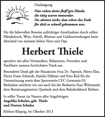 Traueranzeige von Herbert Thiele von Super Sonntag Dessau / Köthen