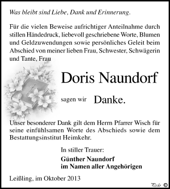 Traueranzeige von Doris Naundorf von WVG - Wochenspiegel NMB / WSF / ZTZ