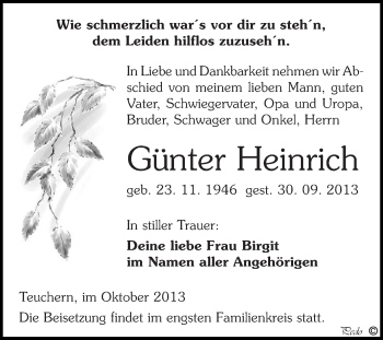 Traueranzeige von Günter Heinrich von WVG - Wochenspiegel NMB / WSF / ZTZ