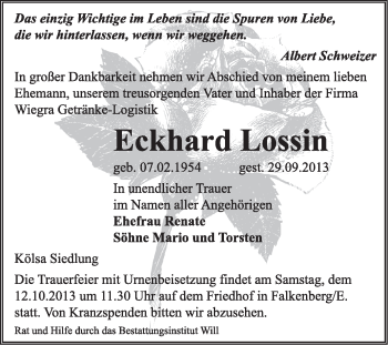 Traueranzeige von Eckhard Lossin von Super Sonntag Wittenberg