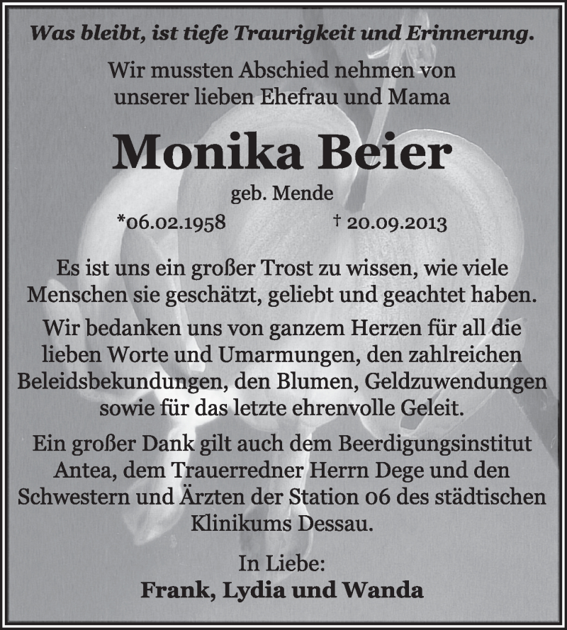  Traueranzeige für Monika Beier vom 06.10.2013 aus Super Sonntag Dessau / Köthen