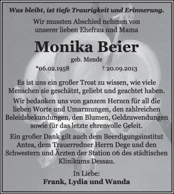 Traueranzeige von Monika Beier von Super Sonntag Dessau / Köthen