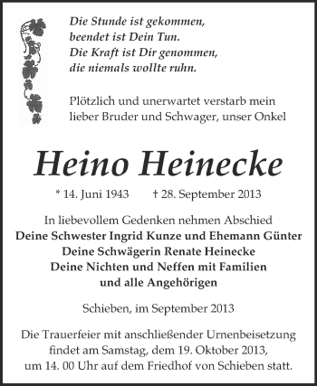 Traueranzeige von Heino Heinecke von WVG - Wochenspiegel NMB / WSF / ZTZ